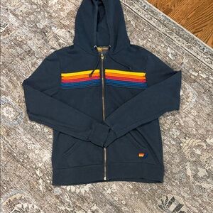 Aviator Nation Navy Zip-Up Hoodie with Yellow Orange Red & Blue Stripes